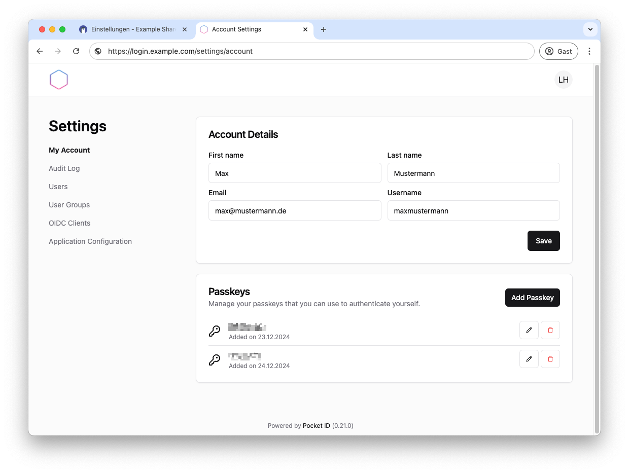 Benutzer bearbeiten und Passkey anlegen