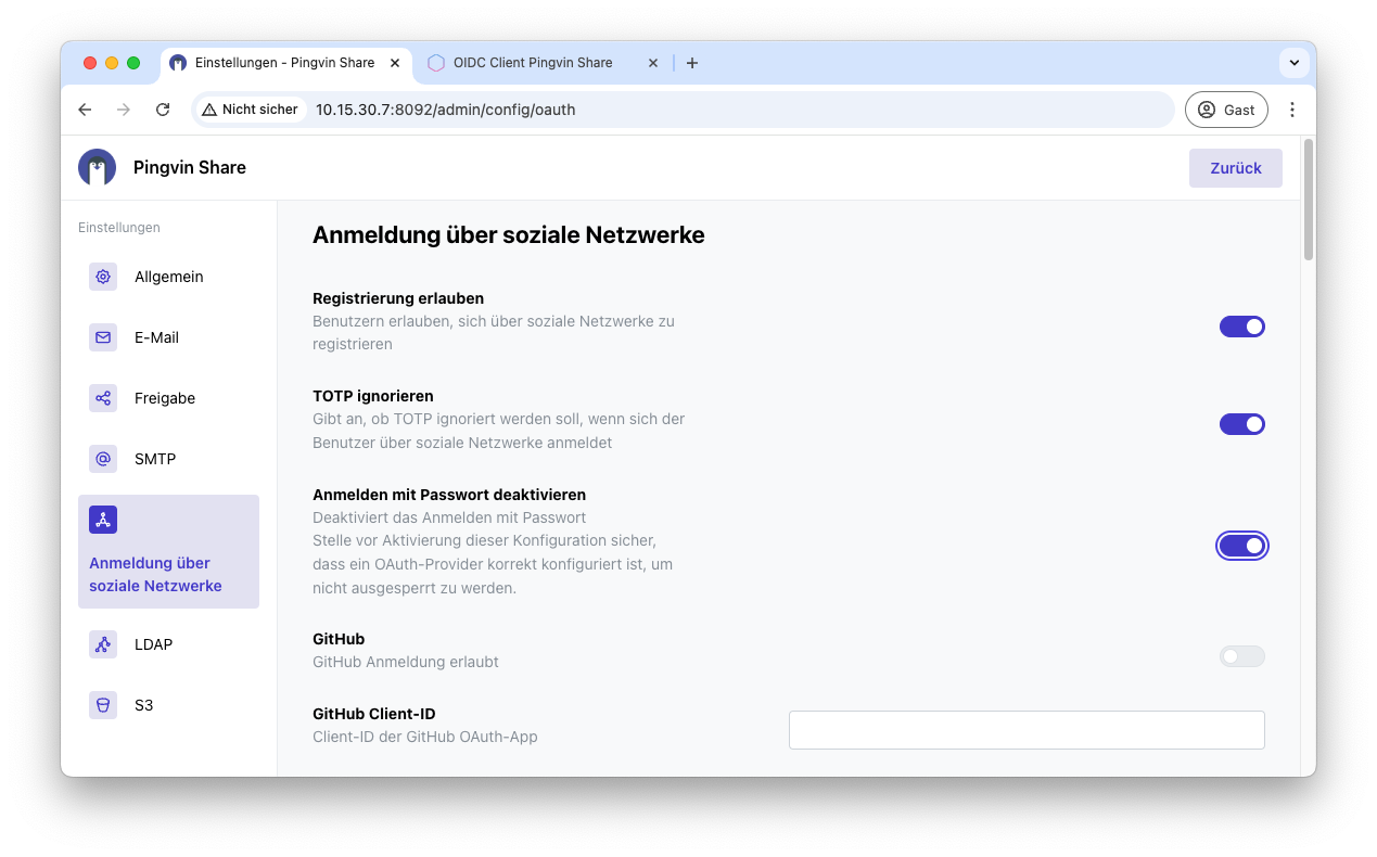 Anmeldung mit Passwort deaktivieren