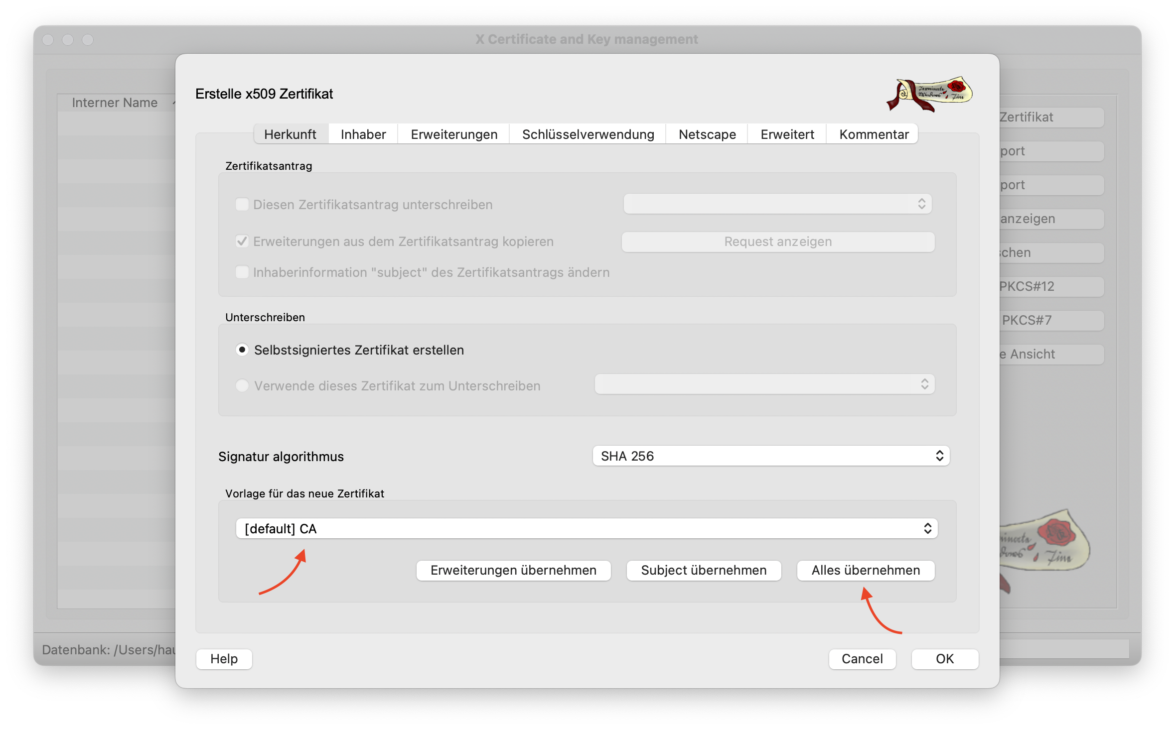 Erstellung eines neuen, selbstsignierten Zertifikats für die Root CA